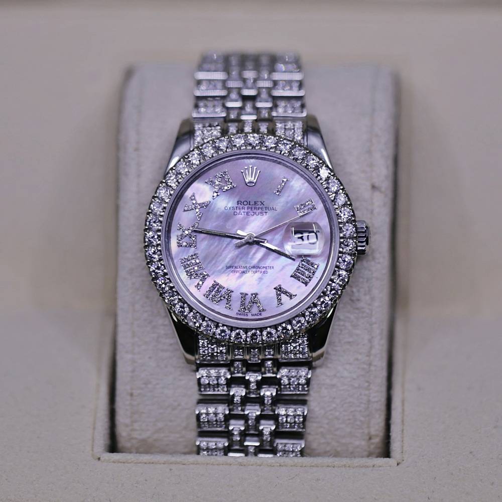 Rolex Datejust 36mm Custom Iced Out - Ref: 116200 - White Mother of Pearl Dial, Stainless Steel Jubilee Bracelet Watch