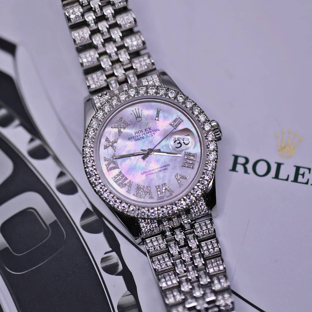 Rolex Datejust 36mm Custom Iced Out - Ref: 116200 - White Mother of Pearl Dial, Stainless Steel Jubilee Bracelet Watch