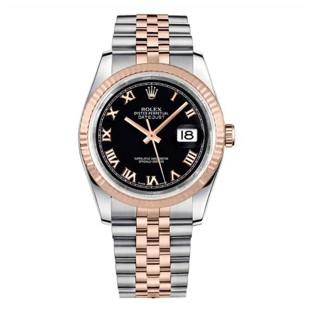 Rolex Datejust 36mm - Ref: 116231 - Black Roman Dial, Two Tone Stainless Steel & 18K Rose Gold Jubilee Bracelet Watch