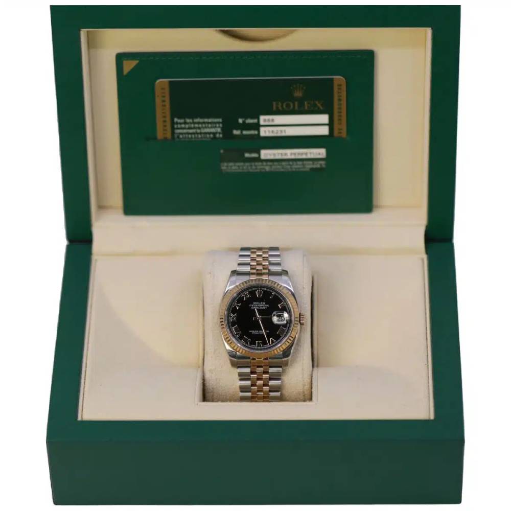 Rolex Datejust 36mm - Ref: 116231 - Black Roman Dial, Two Tone Stainless Steel & 18K Rose Gold Jubilee Bracelet Watch