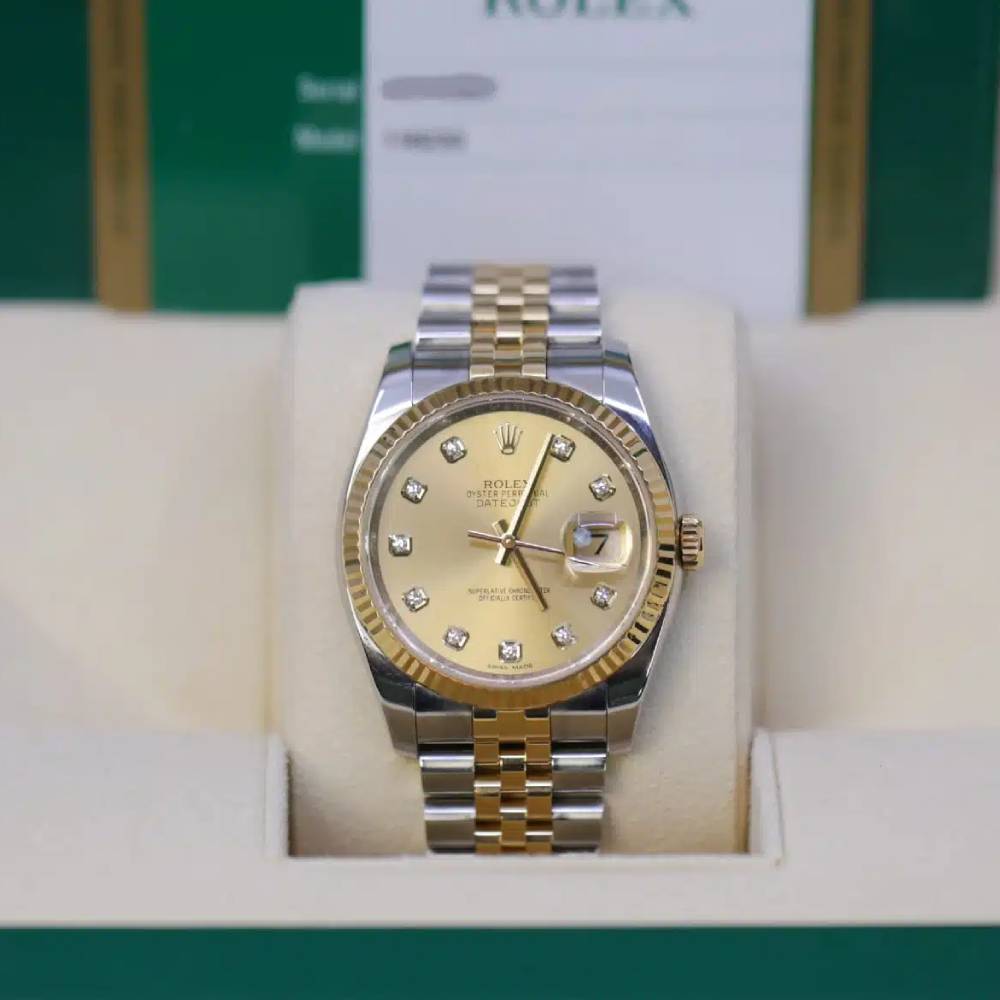 Rolex Datejust 36mm - Ref: 116233CDJ - Champagne Diamond Dial, Two Tone Stainless Steel & 18K Yellow Gold Jubilee Bracelet Watch