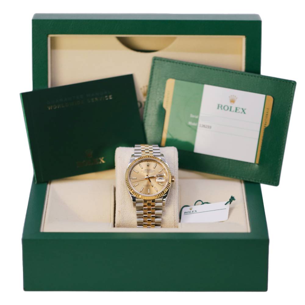 Rolex Datejust 36mm - Ref: 126233-0015 - Champagne Stick Dial, Two Tone Stainless Steel & 18K Yellow Gold Jubilee Bracelet Watch