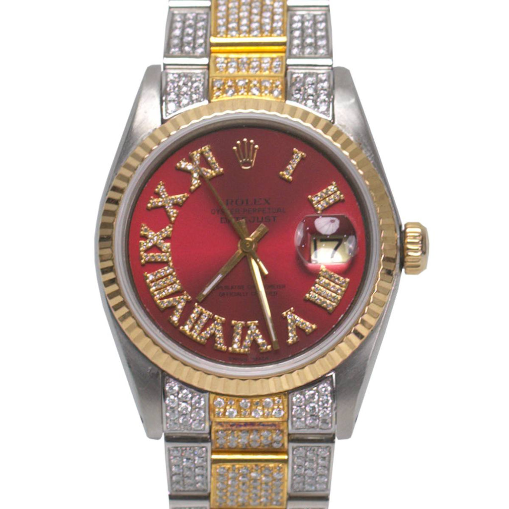 Rolex Datejust 36mm - Ref: 1601 - Red Roman Diamond Dial & Diamond Bezel, Two Tone 18K Yellow Gold Custom Iced Out Diamond Oyster Bracelet Watch