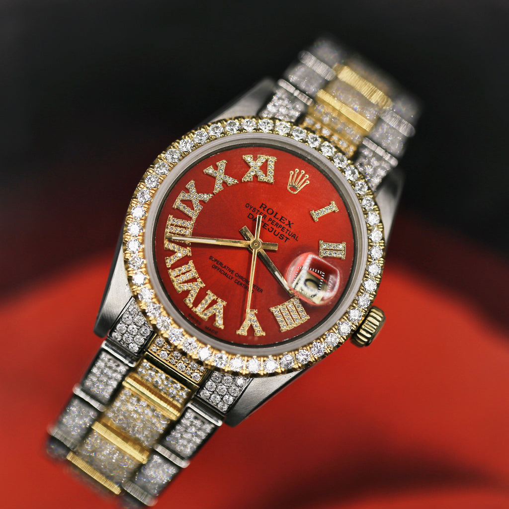 Rolex Datejust 36mm - Ref: ROL-45012 - Red Diamond Roman Dial, Two Tone Stainless Steel & 18K Yellow Gold Custom Diamond Oyster Bracelet Watch