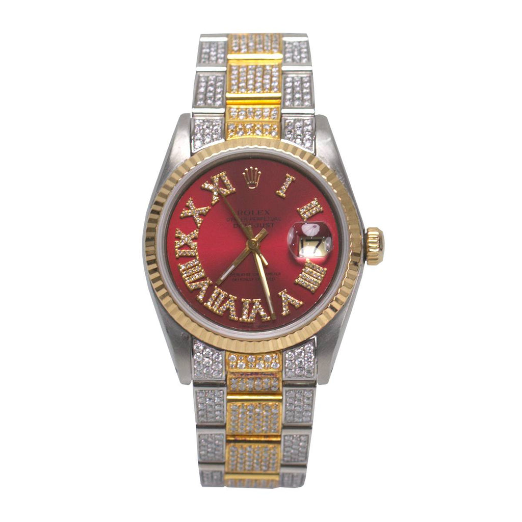 Rolex Datejust 36mm - Ref: 1601 - Red Roman Diamond Dial & Diamond Bezel, Two Tone 18K Yellow Gold Custom Iced Out Diamond Oyster Bracelet Watch