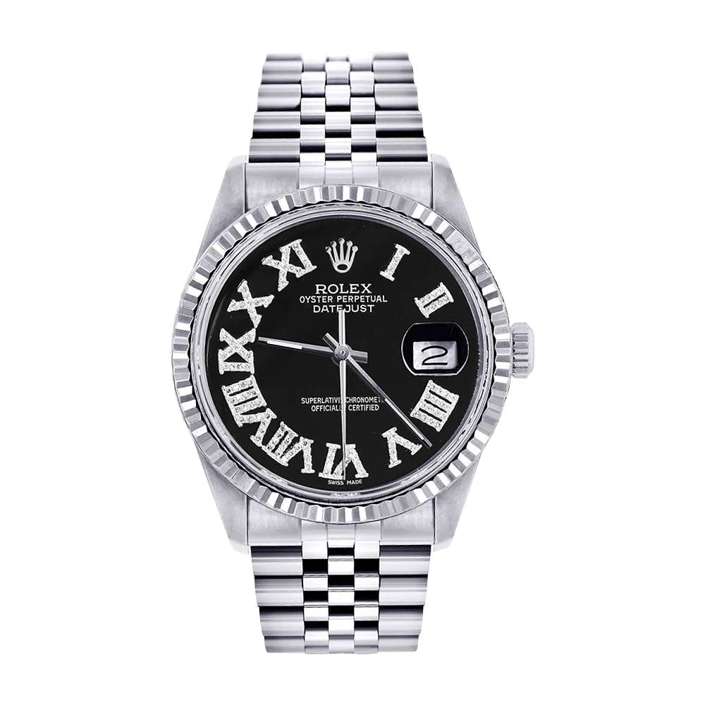 Rolex Datejust 36mm - Ref: 16200 - Black Roman Diamond Dial, Stainless Steel Jubilee Bracelet Women's Watch