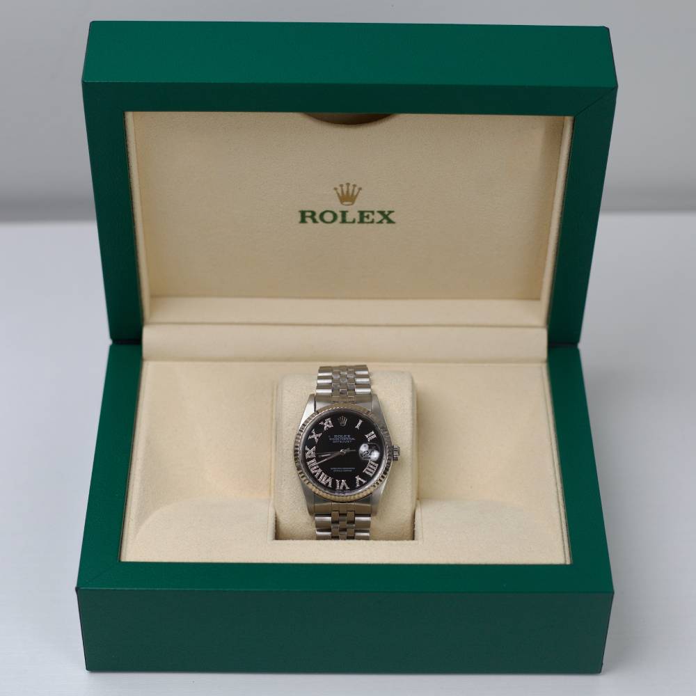 Rolex Datejust 36mm - Ref: 16200 - Black Roman Diamond Dial, Stainless Steel Jubilee Bracelet Women's Watch