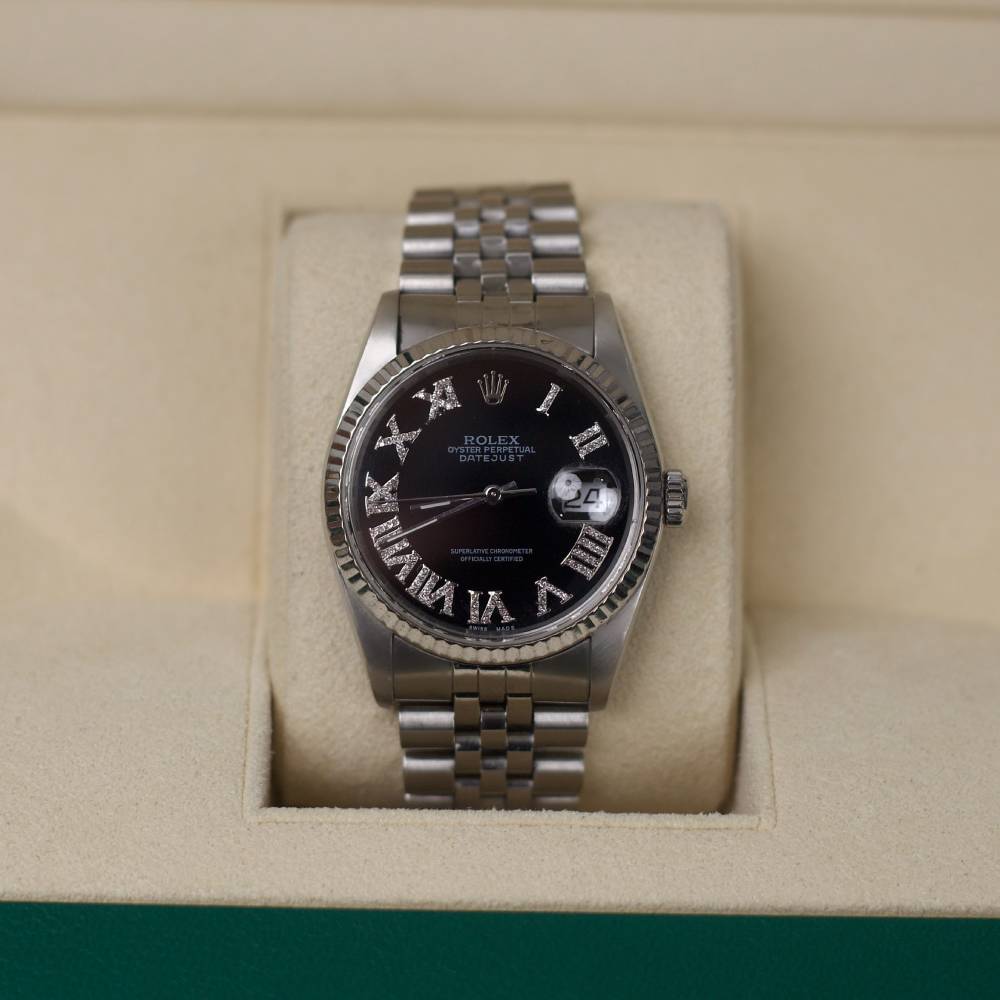 Rolex Datejust 36mm - Ref: 16200 - Black Roman Diamond Dial, Stainless Steel Jubilee Bracelet Women's Watch