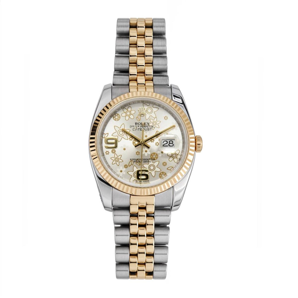 Rolex Datejust 36mm | Two-Tone Stainless Steel and 18k Yellow Gold Jubilee bracelet | Floral dial Fluted bezel | Stainless Steel and 18k Yellow Gold Case Men's Watch 116233