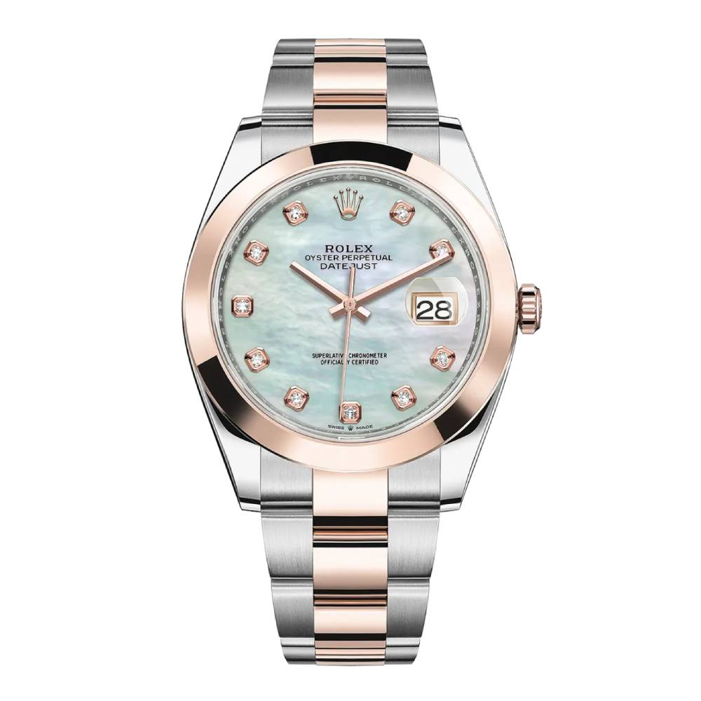 Rolex Datejust 41mm - Ref: 126301-0013 - White Mother of Pearl Diamond Dial, Two Tone Stainless Steel & 18K Rose Gold Oyster Bracelet Men's Watch