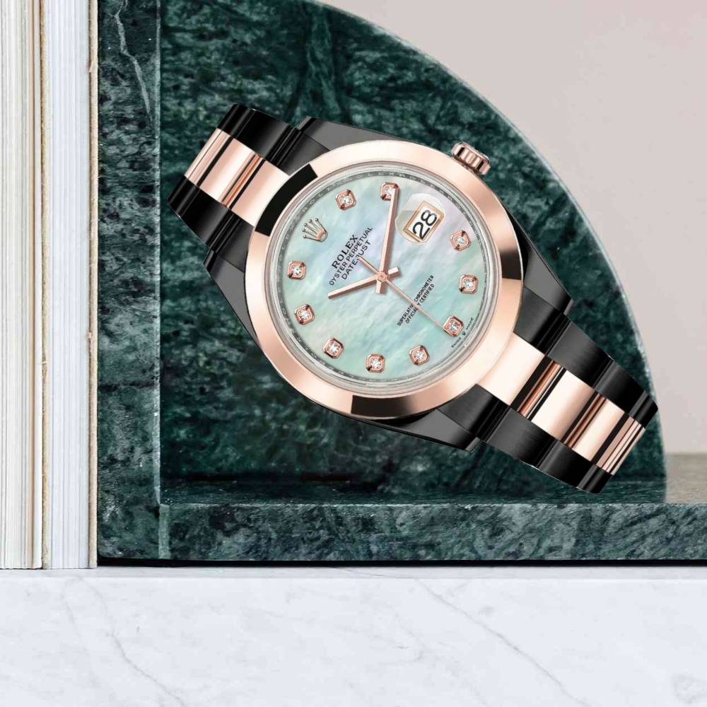 Rolex Datejust 41mm - Ref: 126301-0013 (PVD) - White Mother of Pearl Diamond Dial, Two Tone Black PVD & 18K Rose Gold Oyster Bracelet Men's Watch