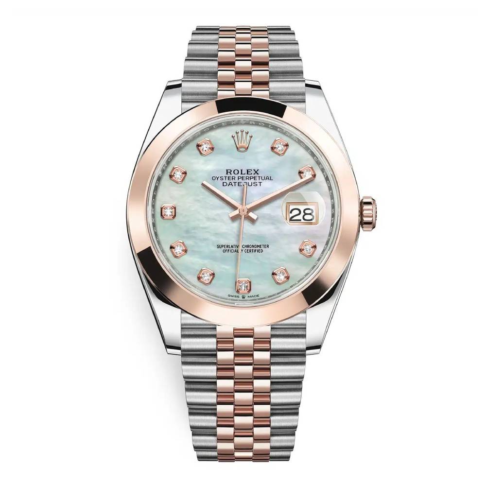 Rolex Datejust 41mm - Ref: 126301-0014 - White Mother of Pearl Diamond Dial, Two Tone Stainless Steel & 18K Rose Gold Jubilee Bracelet Men's Watch