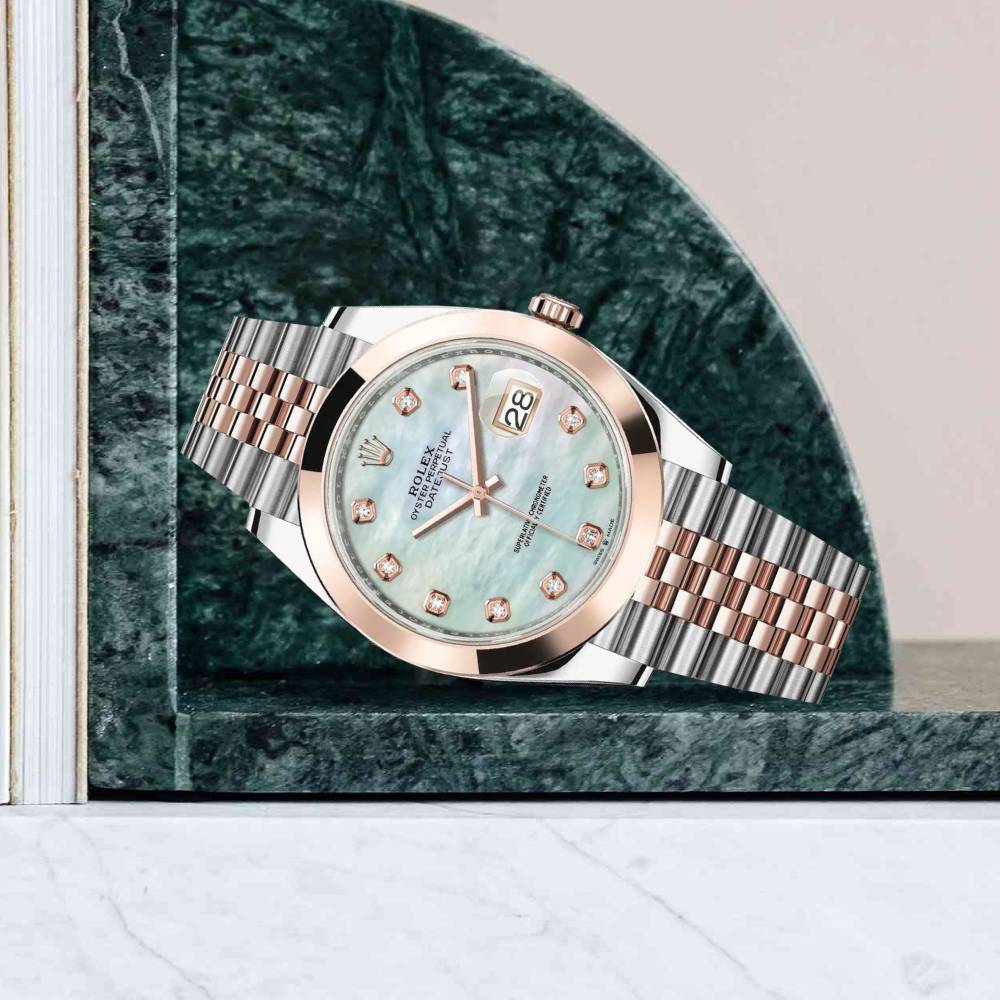 Rolex Datejust 41mm - Ref: 126301-0014 - White Mother of Pearl Diamond Dial, Two Tone Stainless Steel & 18K Rose Gold Jubilee Bracelet Men's Watch