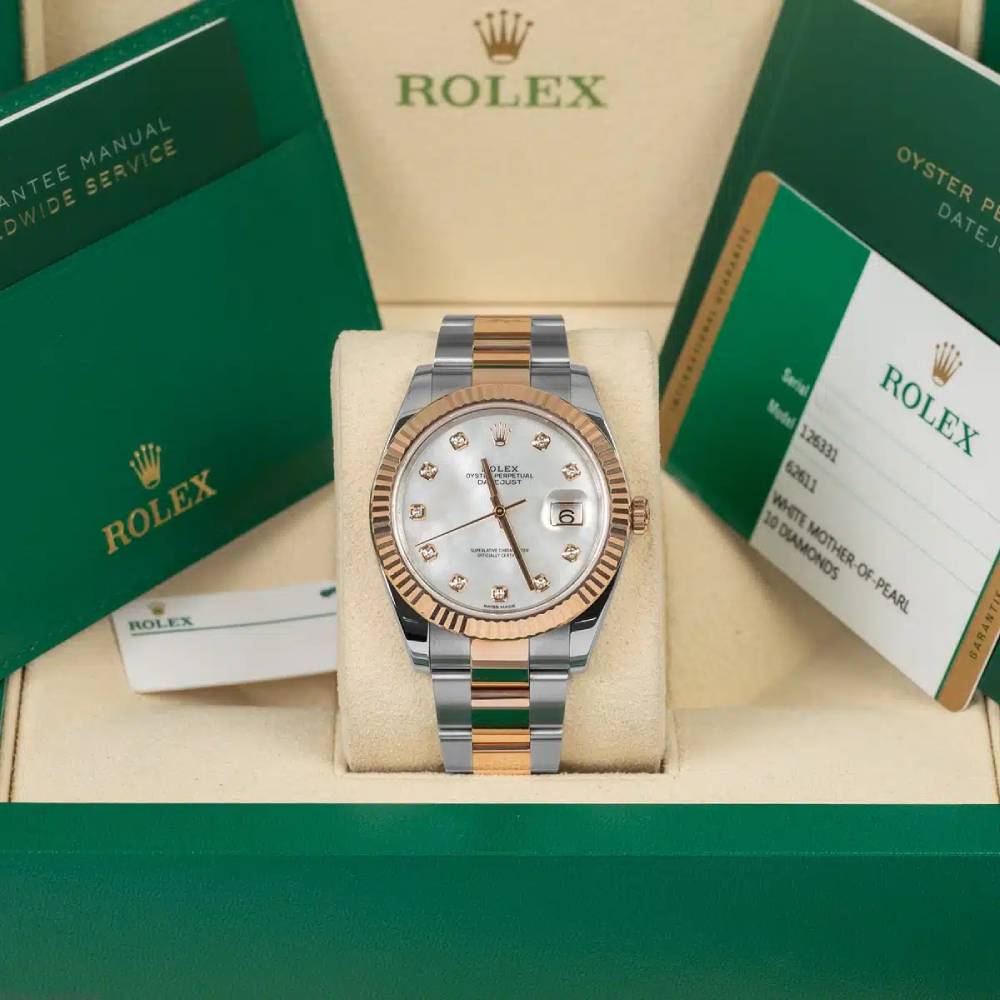 Rolex Datejust 41mm - Ref: 126331-0013 - White Mother of Pearl Diamond Dial, Two Tone Stainless Steel & 18K Rose Gold Oyster Bracelet Men's Watch