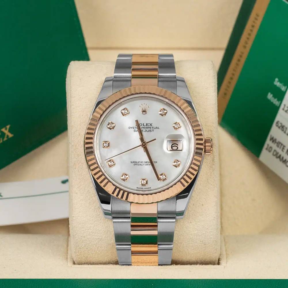 Rolex Datejust 41mm - Ref: 126331-0013 - White Mother of Pearl Diamond Dial, Two Tone Stainless Steel & 18K Rose Gold Oyster Bracelet Men's Watch