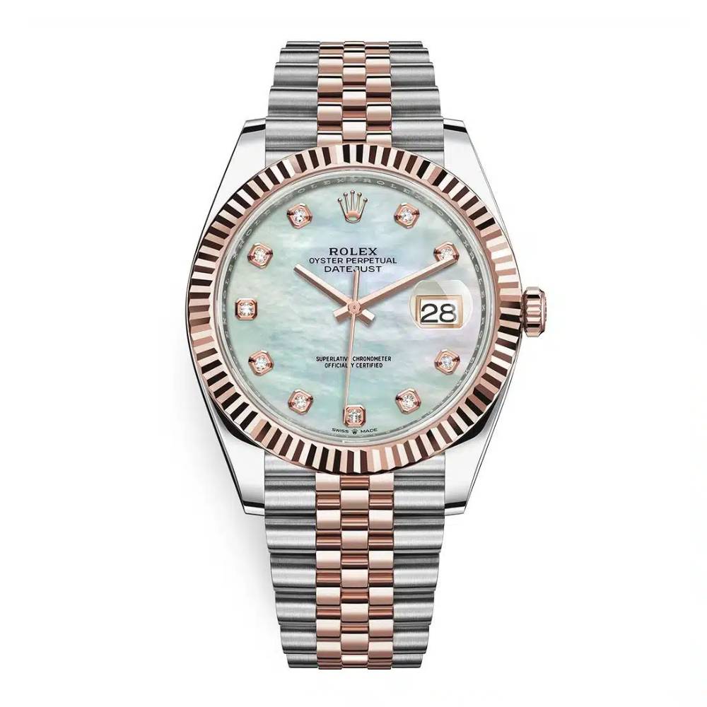 Rolex Datejust 41mm - Ref: 126331-0014 - White Mother of Pearl Diamond Dial, Two Tone Stainless Steel & 18K Rose Gold Jubilee Bracelet Men's Watch