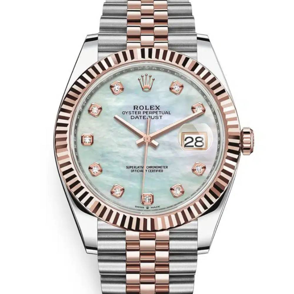 Rolex Datejust 41mm - Ref: 126331-0014 - White Mother of Pearl Diamond Dial, Two Tone Stainless Steel & 18K Rose Gold Jubilee Bracelet Men's Watch