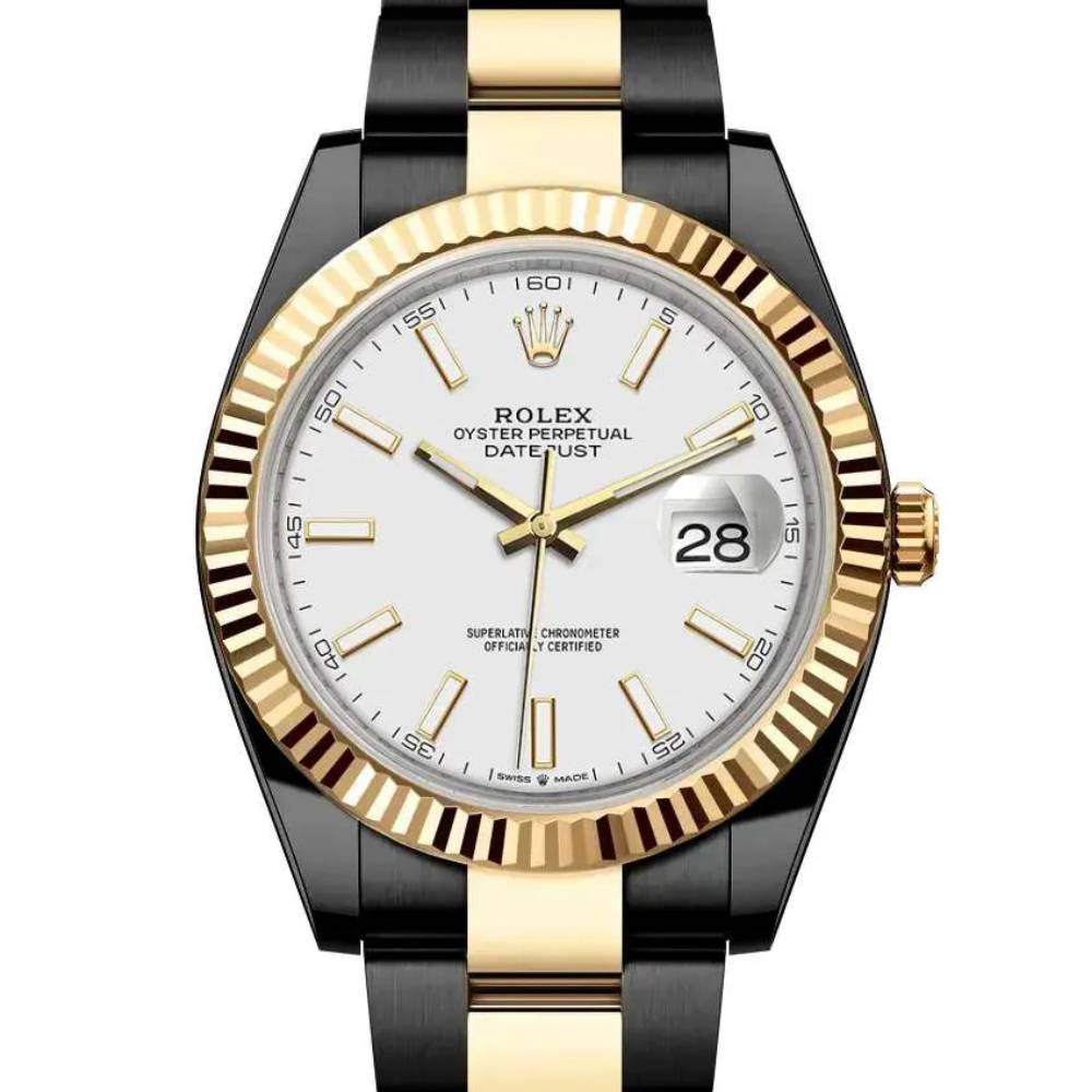 Rolex Datejust 41mm - Ref: 126333-0015 (PVD) - White Stick Dial, Two Tone Black PVD & 18K Yellow Gold Oyster Bracelet Men's Watch