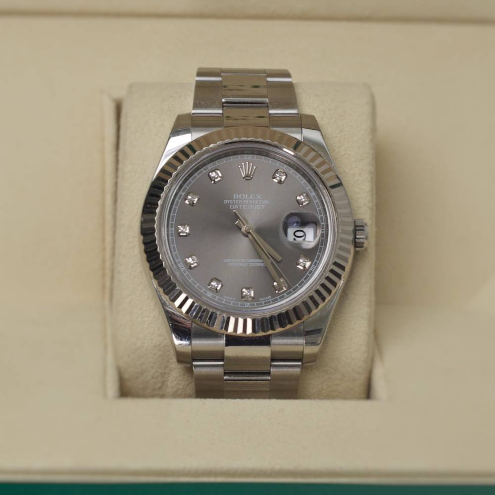 Rolex Datejust 41mm - Ref: 126334-0005 - Rhodium Grey Diamond Dial, Stainless Steel Oyster Bracelet Men's Watch