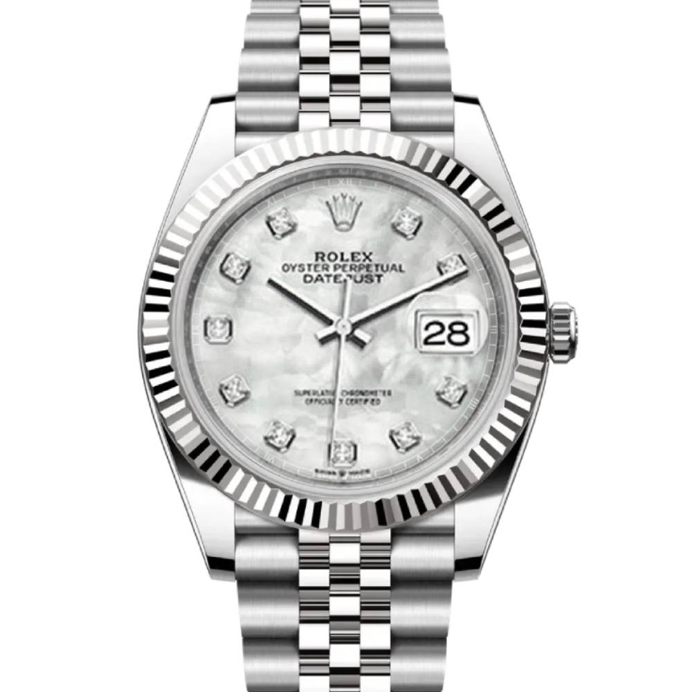 Rolex Datejust 41mm - Ref: 126334-0020 - White Mother of Pearl Diamond Dial, Stainless Steel Jubilee Bracelet Men's Watch