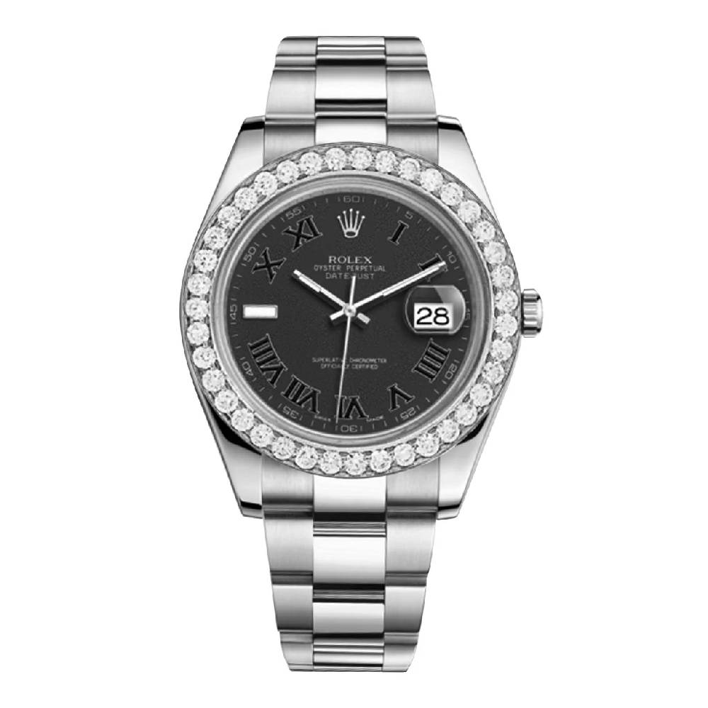 Rolex-Datejust-II-41mm-Ref-116300-Black-Dial-Diamond-Bezel-Stainless-Steel-Oyster-Bracelet-Men’s-Watch