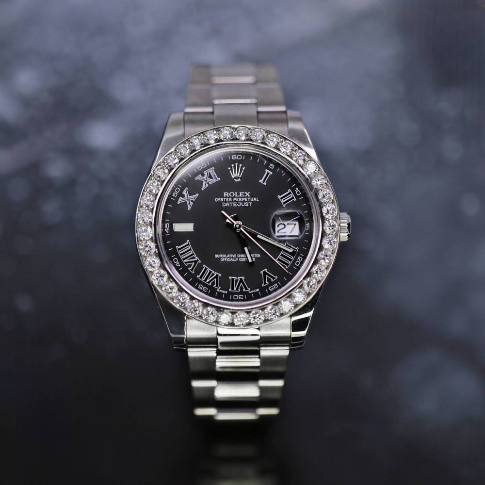 Rolex-Datejust-II-41mm-Ref-116300-Black-Dial-Diamond-Bezel-Stainless-Steel-Oyster-Bracelet-Men’s-Watch