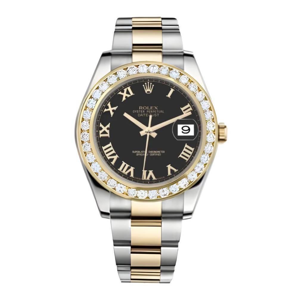 Rolex Datejust II 41mm - Ref: 116300BKRODB - Black Roman Dial & Custom Diamond Bezel Two Tone Stainless Steel & 18K Yellow Gold Oyster Bracelet Men's Watch