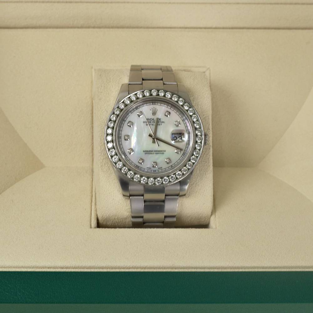 Rolex Datejust II 41mm - Ref: 116334 - White Mother of Pearl Dial & Diamond Bezel, Stainless Steel Oyster Bracelet Men's Watch