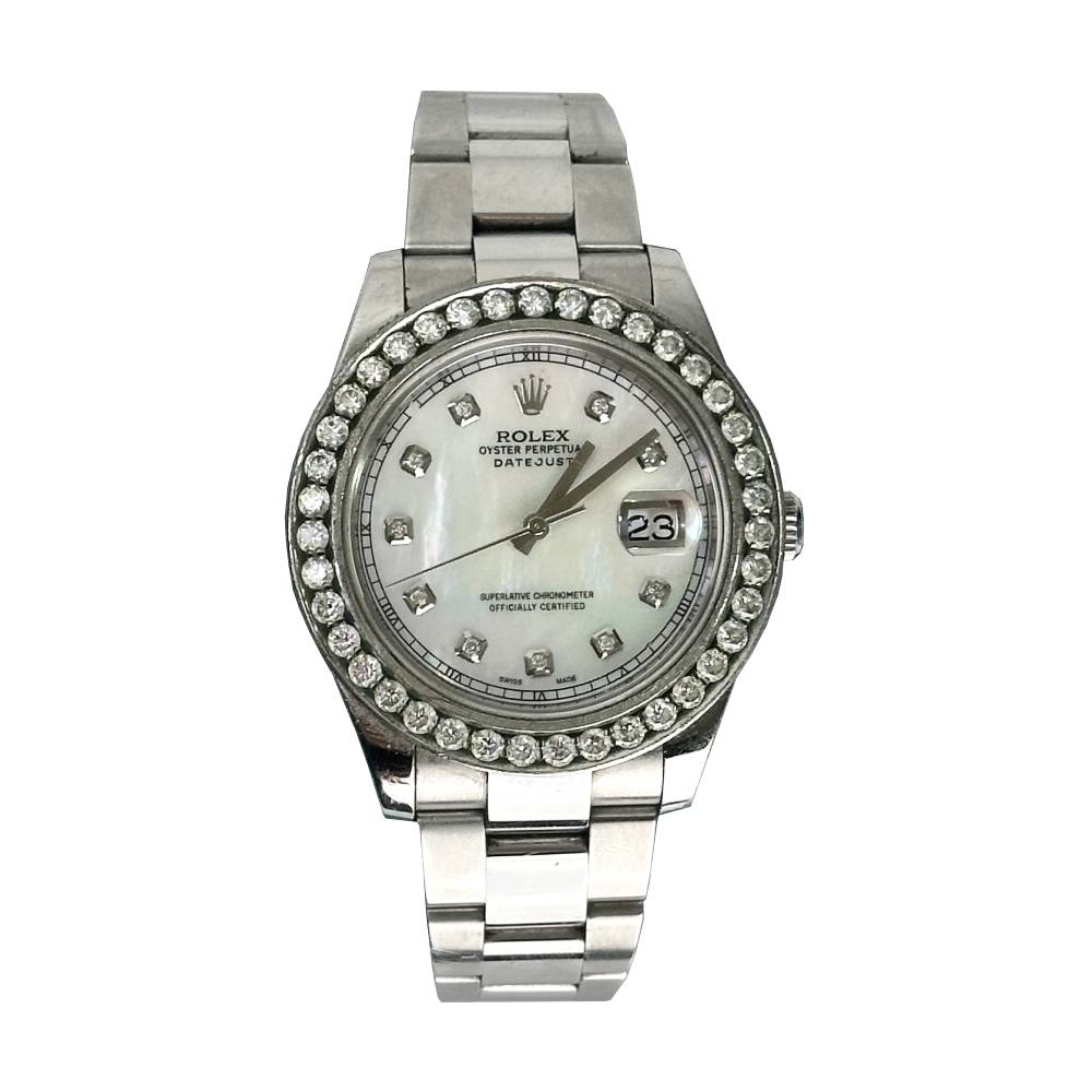 Rolex Datejust II 41mm - Ref: 116334 - White Mother of Pearl Dial & Diamond Bezel, Stainless Steel Oyster Bracelet Men's Watch