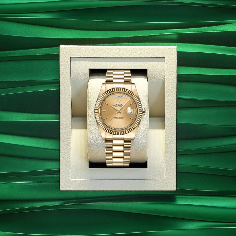 Rolex Day Date 36mm - Ref: 128238-0045 - Champagne Dial & Fluted Bezel, 18K Yellow Gold President Bracelet Watch