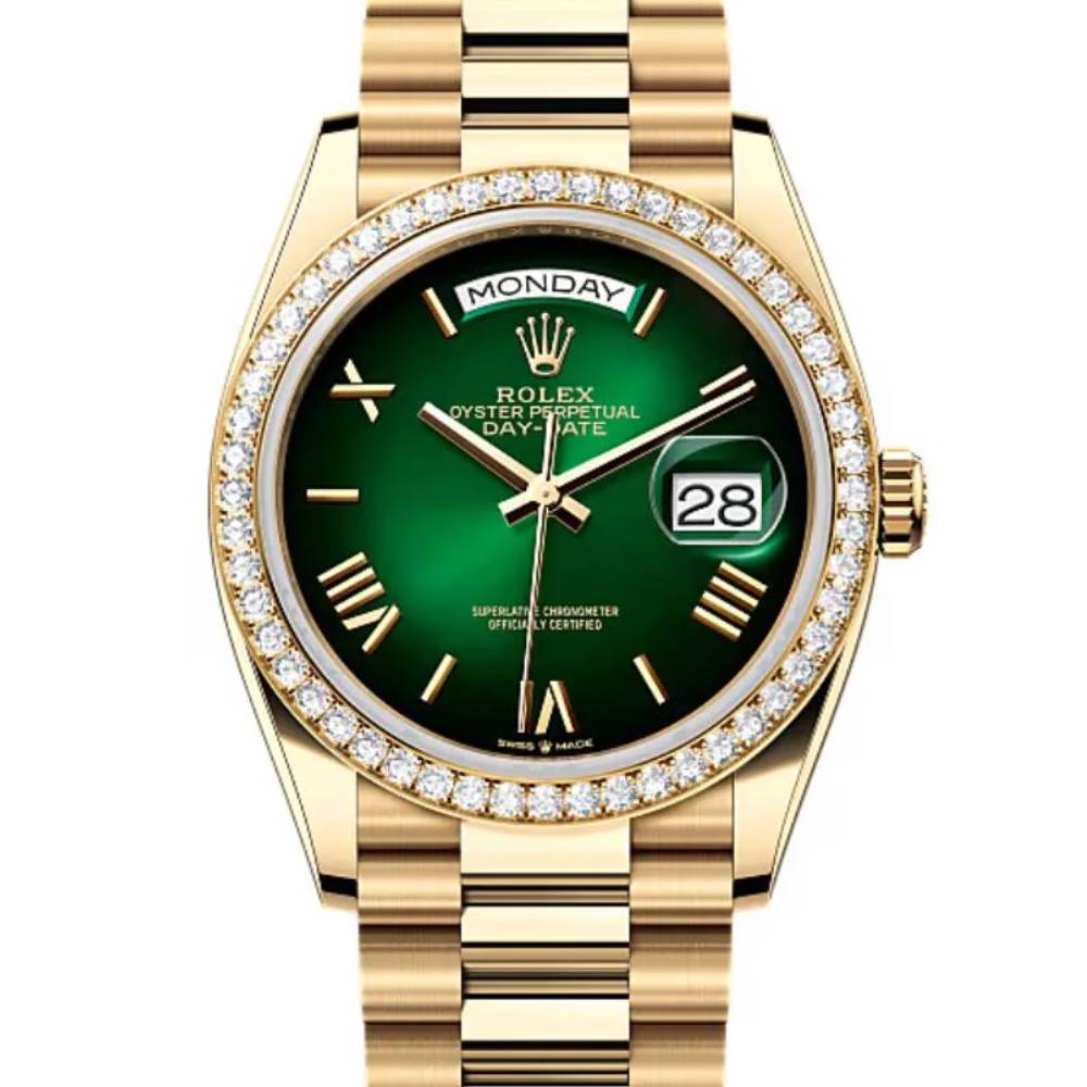 2024 Release Rolex Day-Date 36 mm | 18k yellow gold President bracelet | Bright green dial Fluted bezel | Men's Watch 128238