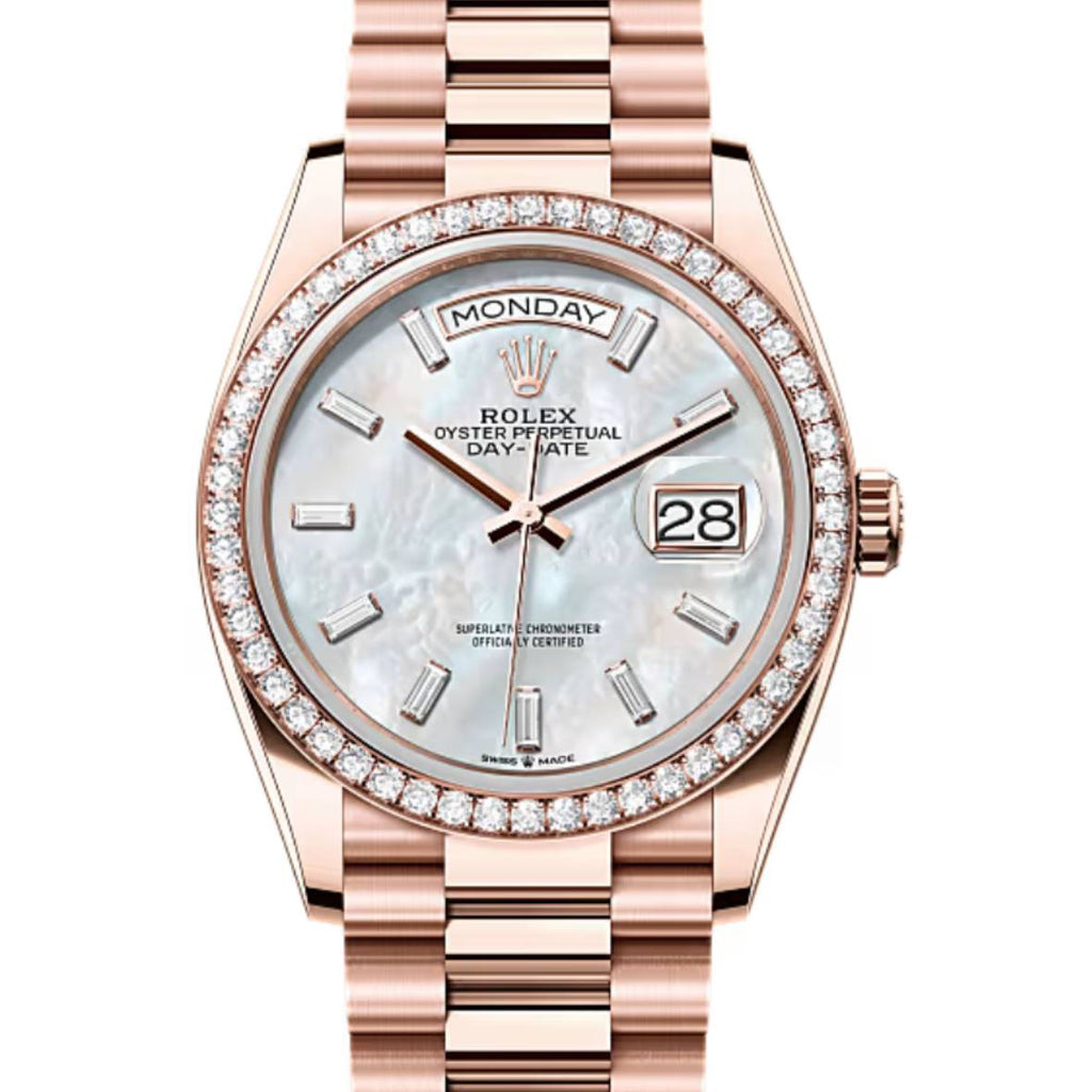 2024 Release Rolex Day-Date 36 mm | 18k Everose gold President bracelet | White mother-of-pearl dial Diamond bezel | Men's Watch 128345RBR