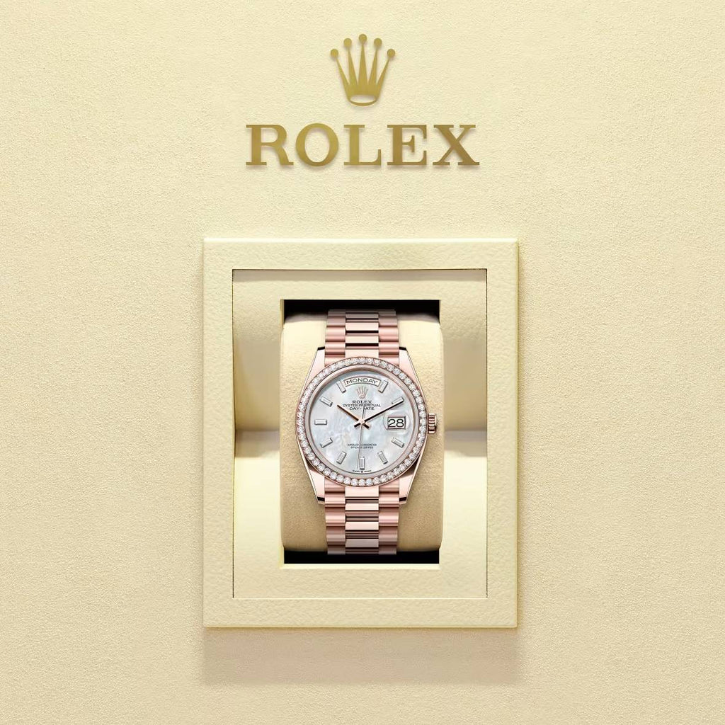 2024 Release Rolex Day-Date 36 mm | 18k Everose gold President bracelet | White mother-of-pearl dial Diamond bezel | Men's Watch 128345RBR