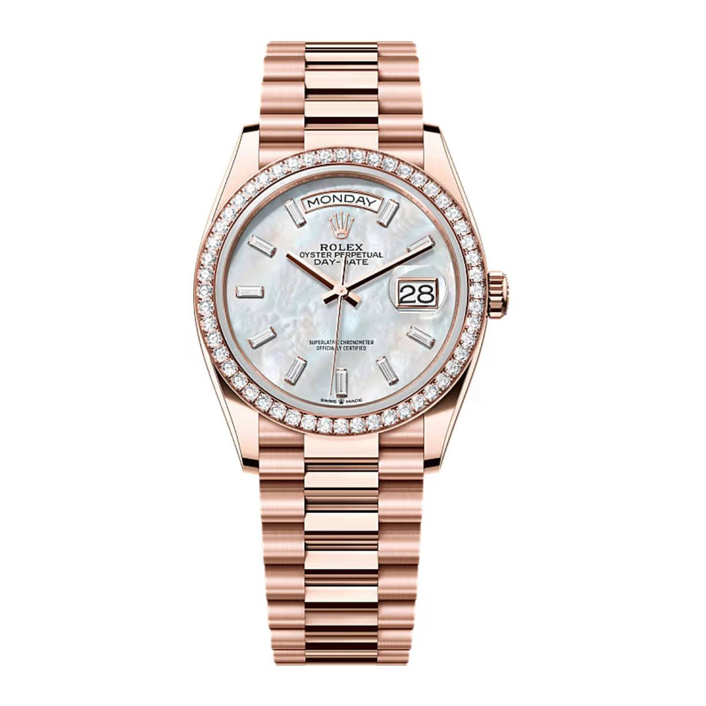 2024 Release Rolex Day-Date 36 mm | 18k Everose gold President bracelet | White mother-of-pearl dial Diamond bezel | Men's Watch 128345RBR