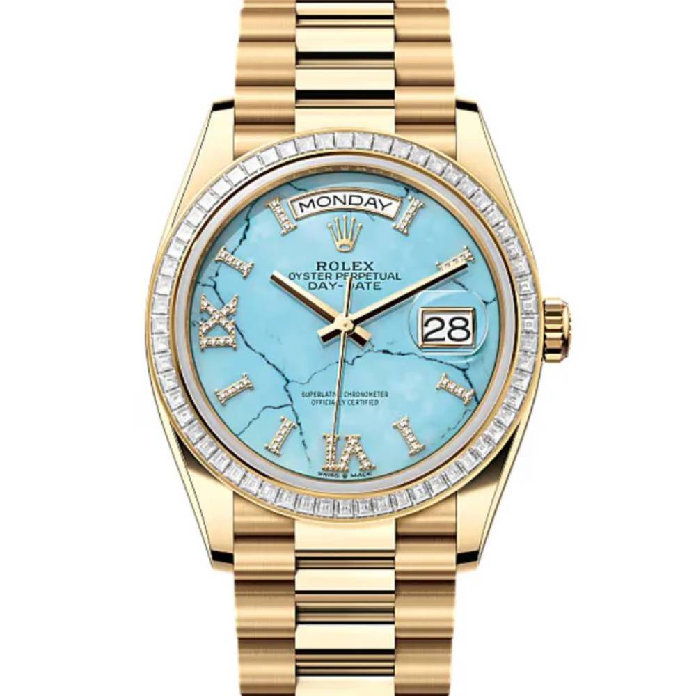 2024 Release Rolex Day-Date 36 mm | 18k yellow gold President bracelet | Turquoise dial Diamond bezel | Men's Watch 128398TBR