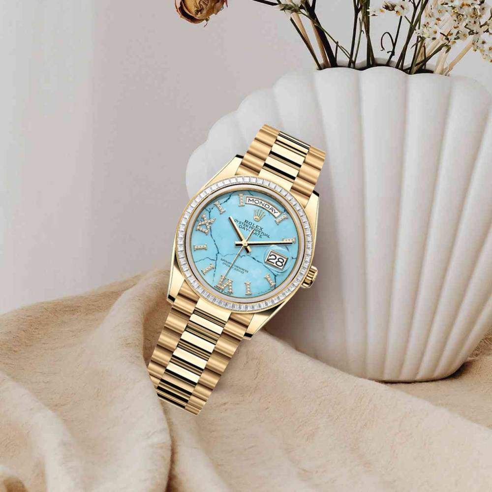 2024 Release Rolex Day-Date 36 mm | 18k yellow gold President bracelet | Turquoise dial Diamond bezel | Men's Watch 128398TBR