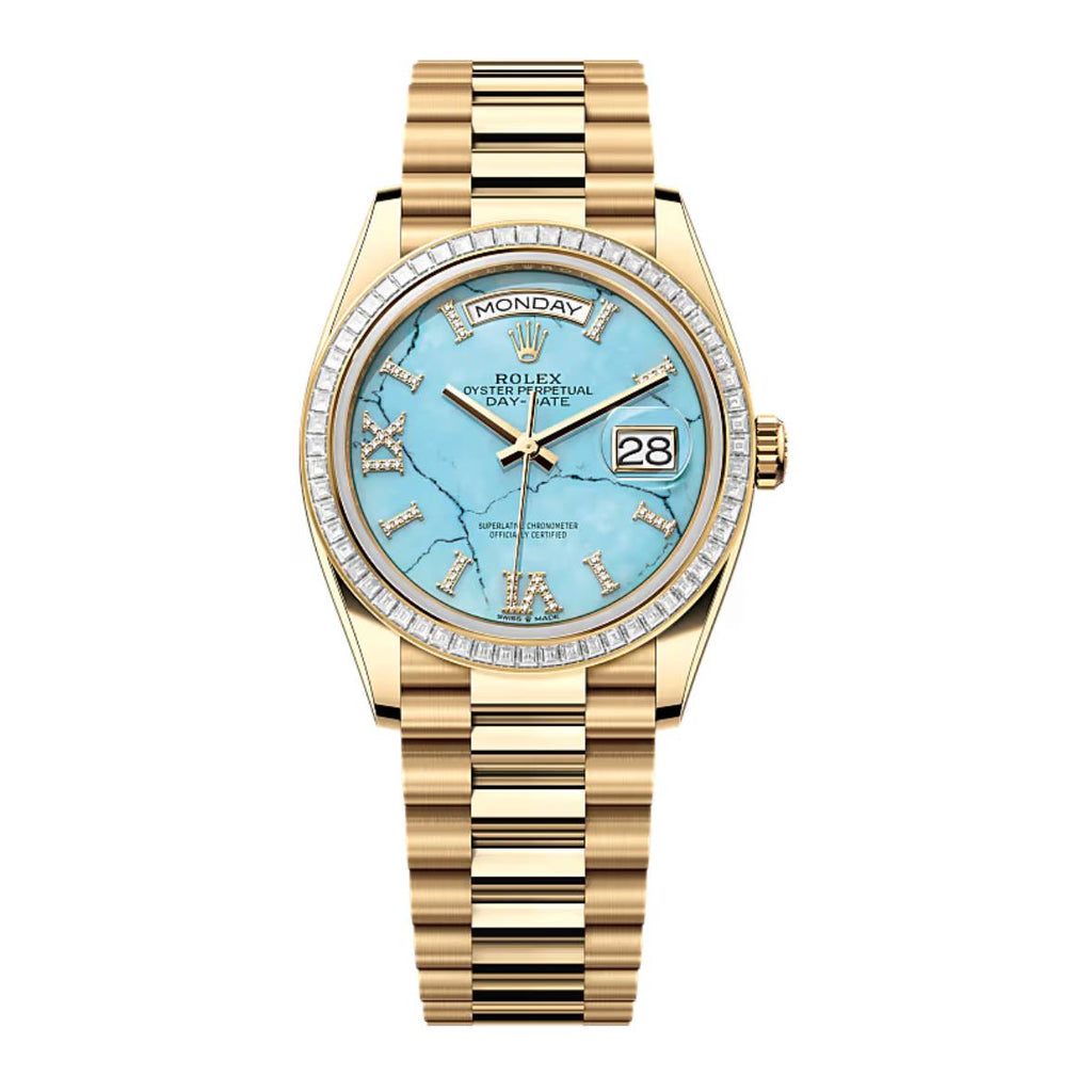 2024 Release Rolex Day-Date 36 mm | 18k yellow gold President bracelet | Turquoise dial Diamond bezel | Men's Watch 128398TBR