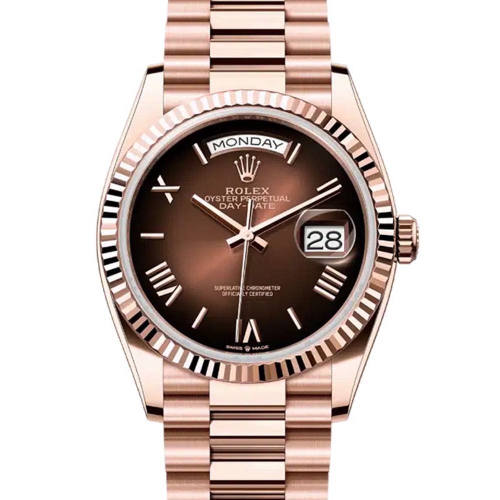 2024 Release Rolex Day-Date 36 mm | 18k Everose gold President bracelet | Brown ombré dial Fluted bezel | Men's Watch 128235