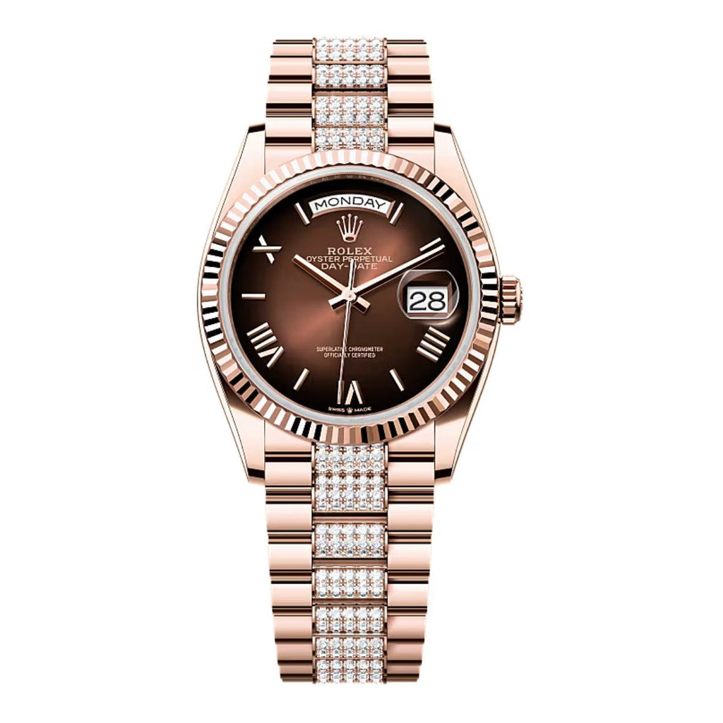 2024 Release Rolex Day-Date 36 mm | 18k Everose gold Diamond President bracelet | Brown ombré dial Fluted bezel | Men's Watch 128235