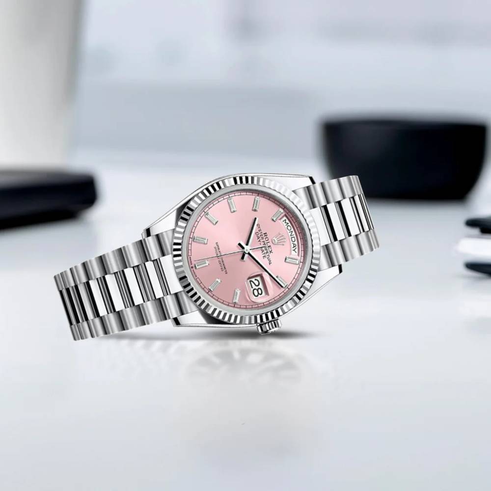 2024 Release Rolex Day-Date 36 mm | Platinum President bracelet | Pink Diamond dial Fluted bezel | Men's Watch 128236