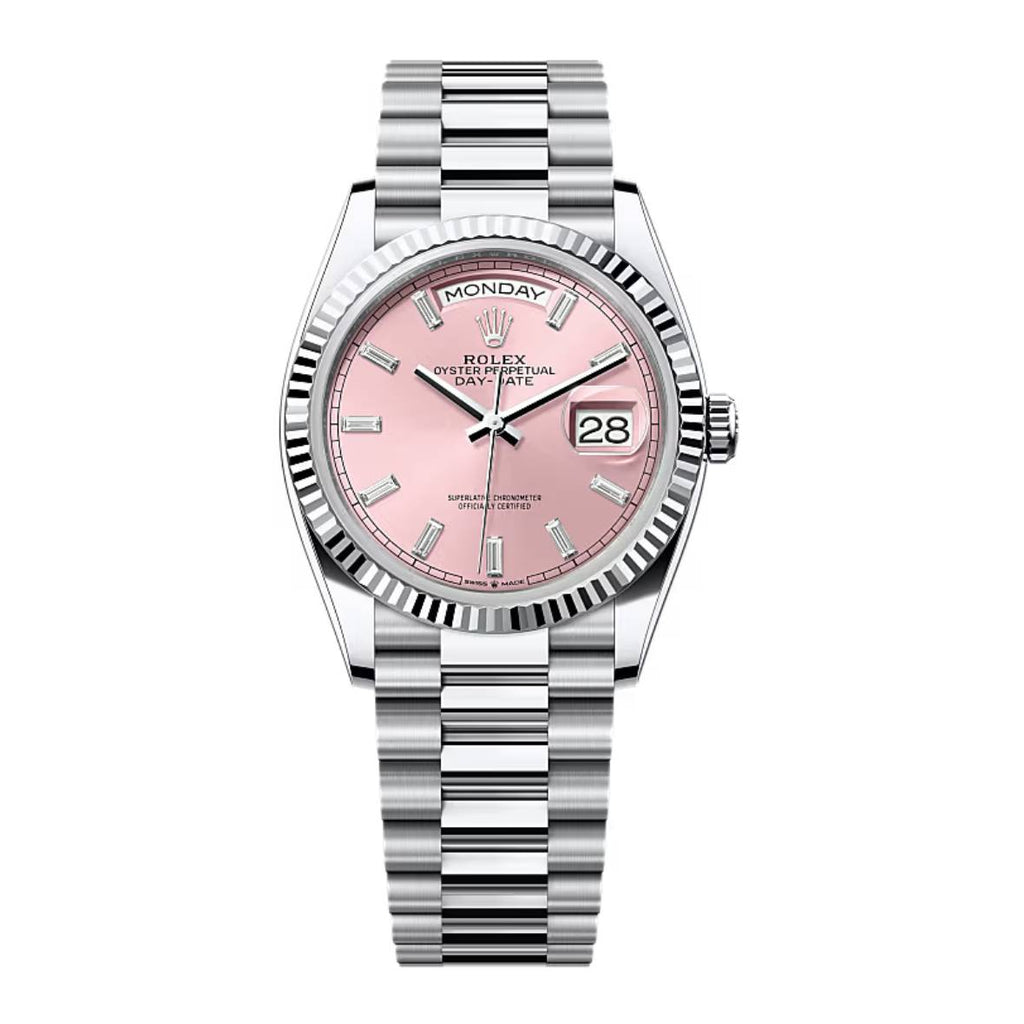 2024 Release Rolex Day-Date 36 mm | Platinum President bracelet | Pink Diamond dial Fluted bezel | Men's Watch 128236