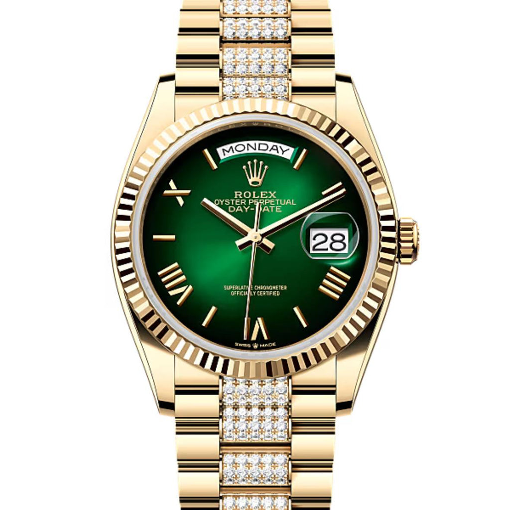 2024 Release Rolex Day-Date 36 mm | 18k yellow gold President Diamond bracelet | Bright green dial Fluted bezel | Men's Watch 128238