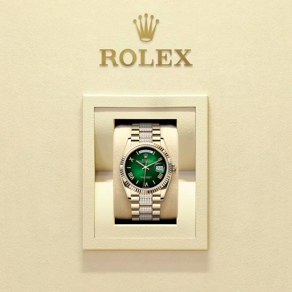 2024 Release Rolex Day-Date 36 mm | 18k yellow gold President Diamond bracelet | Bright green dial Fluted bezel | Men's Watch 128238