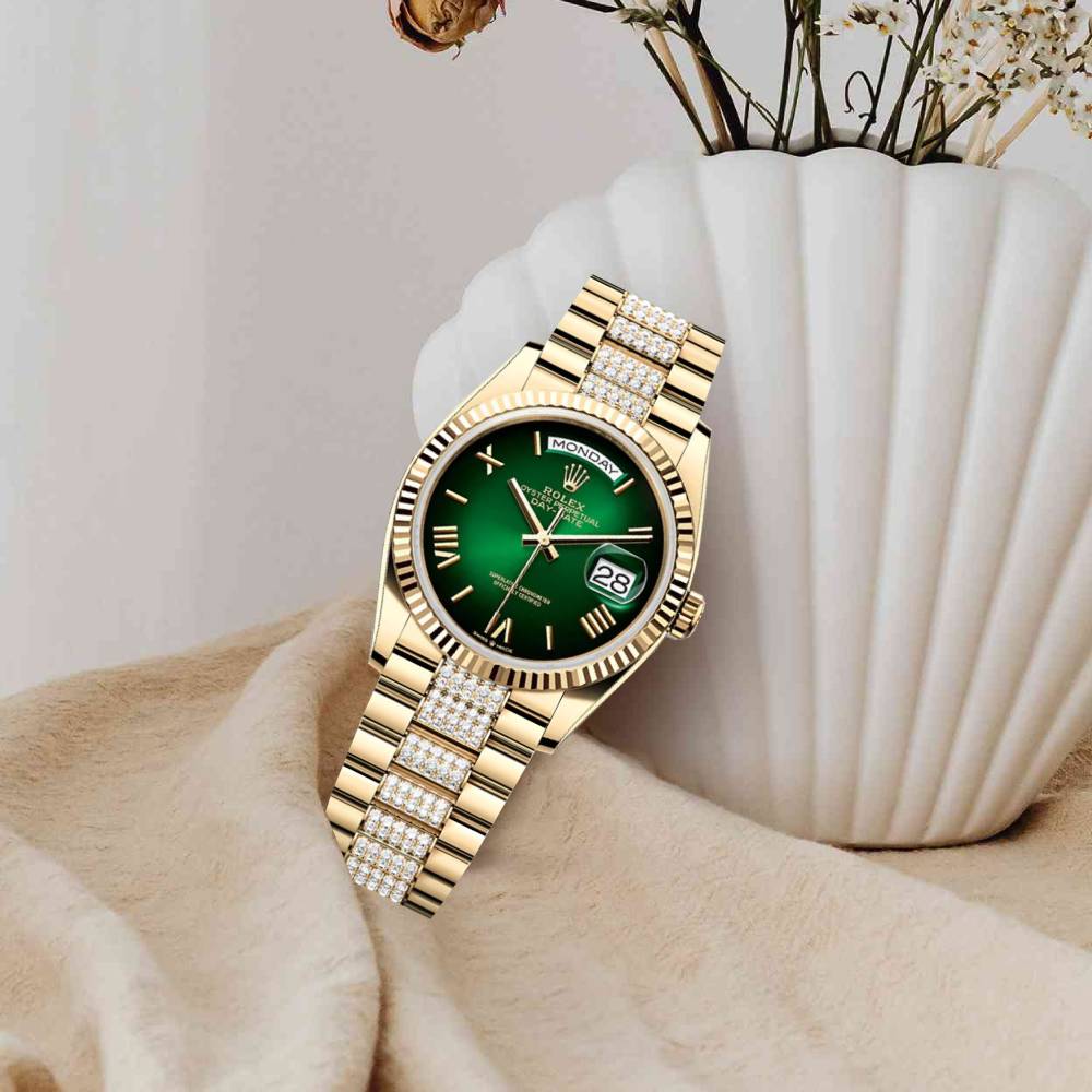 2024 Release Rolex Day-Date 36 mm | 18k yellow gold President Diamond bracelet | Bright green dial Fluted bezel | Men's Watch 128238
