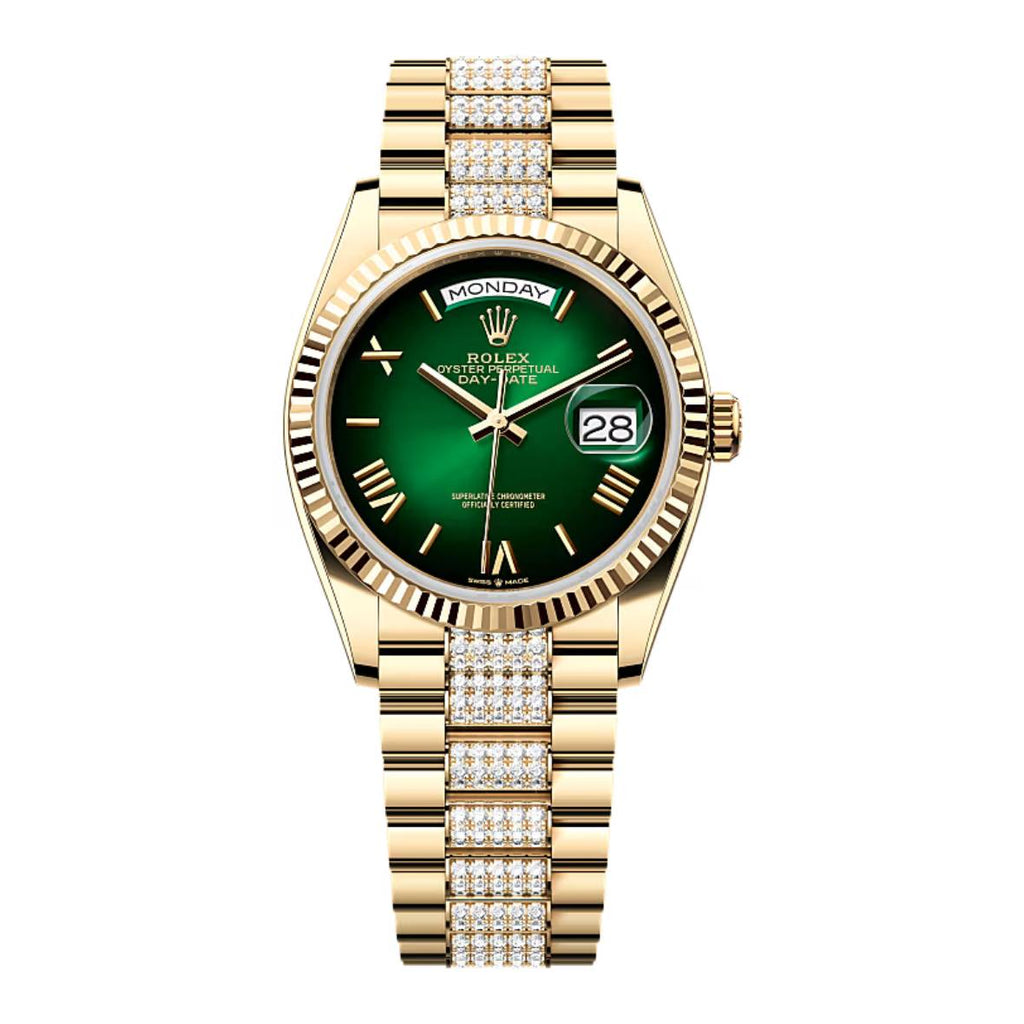 2024 Release Rolex Day-Date 36 mm | 18k yellow gold President Diamond bracelet | Bright green dial Fluted bezel | Men's Watch 128238