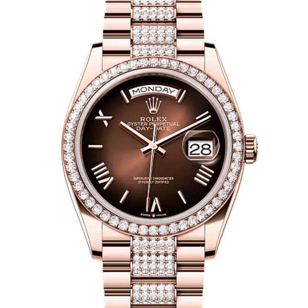 2024 Release Rolex Day-Date 36 mm | 18k Everose gold Diamond President bracelet | Brown ombré dial Diamond bezel | Men's Watch 128345RBR