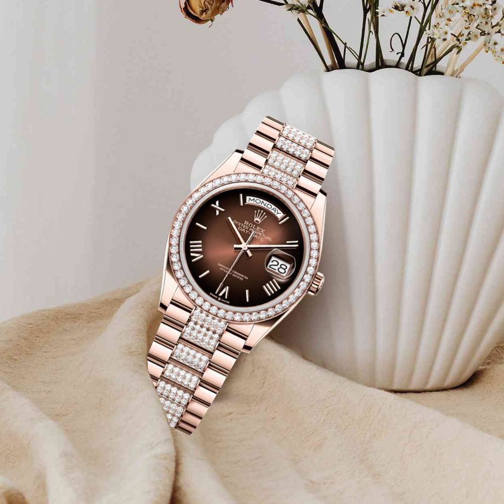 2024 Release Rolex Day-Date 36 mm | 18k Everose gold Diamond President bracelet | Brown ombré dial Diamond bezel | Men's Watch 128345RBR