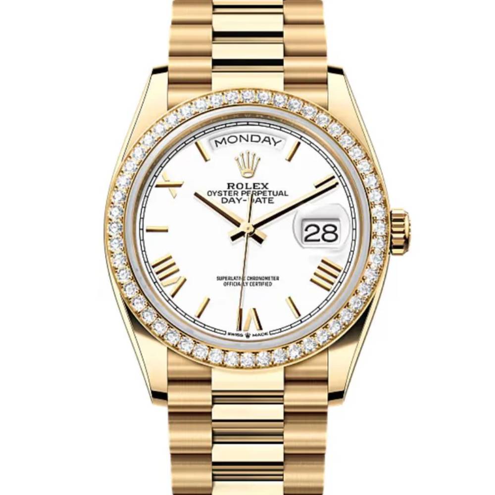 2024 Release Rolex Datejust 36mm - Ref: 128348rbr-0064 - White Roman Dial & Diamond Bezel, 18K Yellow Gold Presidential Bracelet Watch