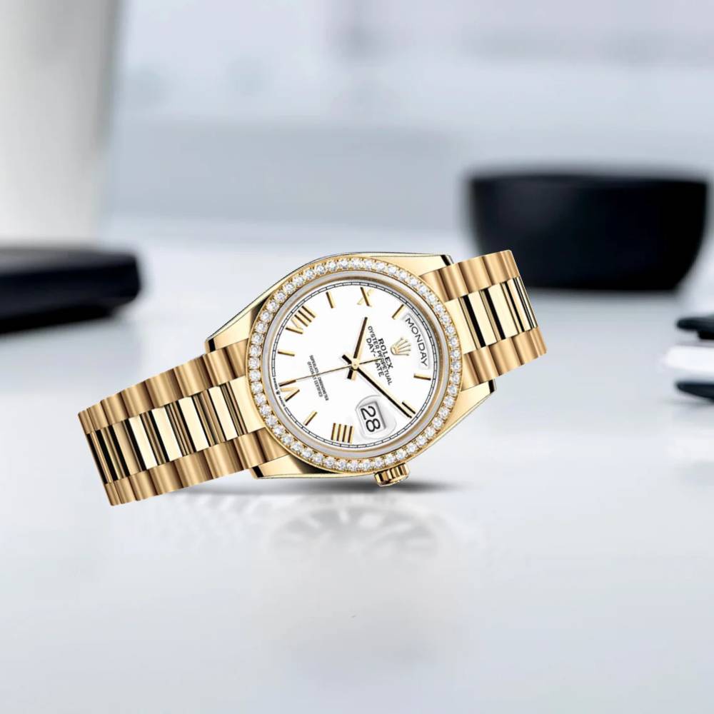 2024 Release Rolex Datejust 36mm - Ref: 128348rbr-0064 - White Roman Dial & Diamond Bezel, 18K Yellow Gold Presidential Bracelet Watch