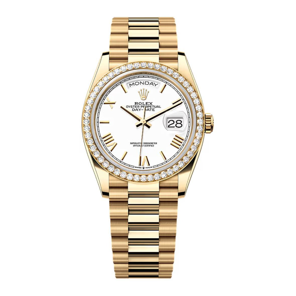 Rolex Day-Date 36 mm | 18k yellow gold President bracelet | White dial Diamond bezel | Men's Watch 128348RBR